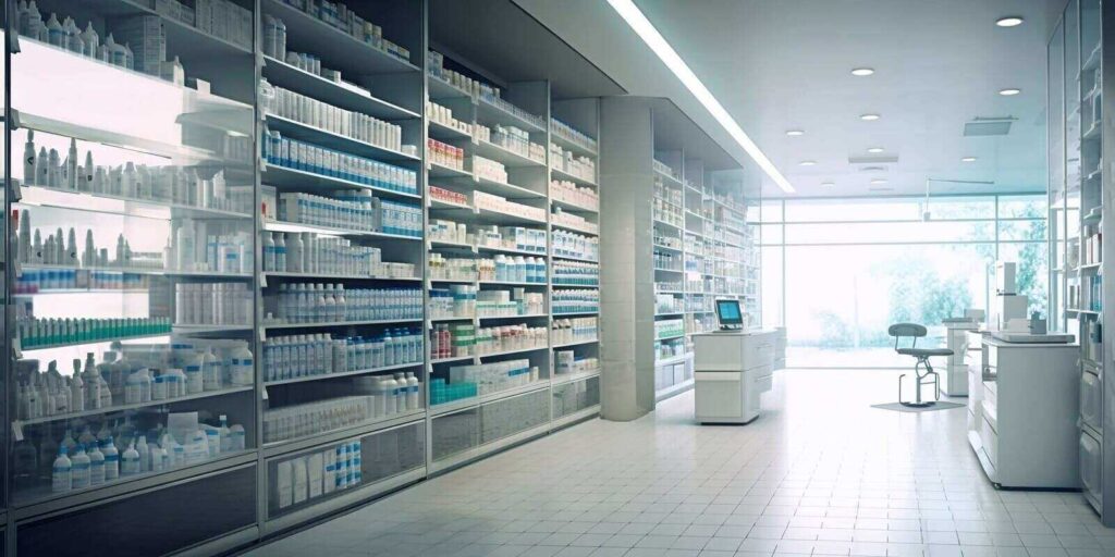 empty modern pharmacy drug store with shelves